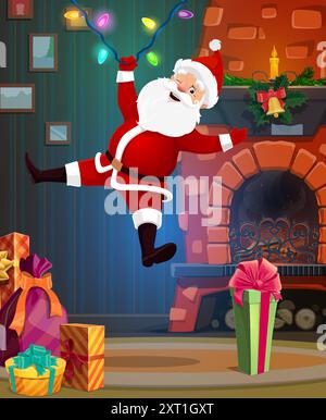 Babbo Natale cartoni animati appesi su garland vicino al caminetto nel soggiorno. Divertente personaggio vettoriale di Babbo Natale che oscilla sulle luci natalizie con scatole regalo e borsa di Natale, campana e candela natalizia Illustrazione Vettoriale