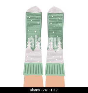 Gambe femminili in calze lavorate a maglia di lana con pini e neve. Illustrazione isolata del vettore cartoni animati. Elemento di design natalizio Illustrazione Vettoriale