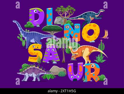 Dinosauri preistorici cartoni animati per stampa T-shirt con lucertole e lettere del Giurassico divertenti, design vettoriale per bambini. Personaggi di dinosauri preistorici, lucertole, rettili e uccelli nella foresta del Jurassic Park Illustrazione Vettoriale