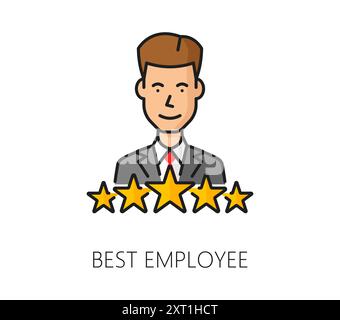 Selezione del personale, icona della linea di colore del miglior dipendente. Il reclutamento di imprenditori, il servizio di collocamento aziendale o il candidato alle risorse umane delineano il simbolo del vettore con un uomo d'affari e una valutazione di cinque stelle Illustrazione Vettoriale