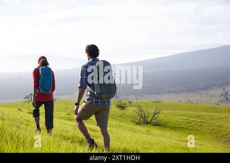 Due escursionisti con zaini in piedi in un campo verde che si affaccia su un vasto paesaggio con colline e un cielo limpido. Phhi00065 Copyright: XConnectxImages Foto Stock