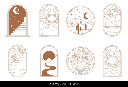 Finestra boho e icone del deserto con sole, luna e stelle, palme e mare, cornici vettoriali. Archi di boho con montagne in linea, cactus e scale o vallata del fiume in estate al tramonto o al sole Illustrazione Vettoriale