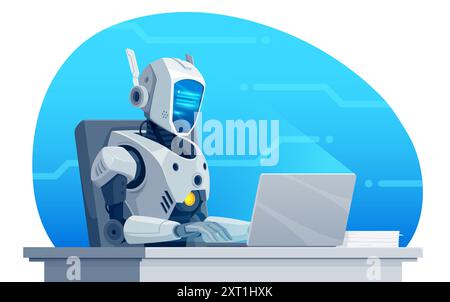 Scrittura robot o scrittura segretaria di personaggi cartoni animati sul laptop. Robot di intelligenza artificiale Vector ai o scrittore cyborg umanoide, segretario, editore, autore di blog e giornalista che lavora al computer Illustrazione Vettoriale