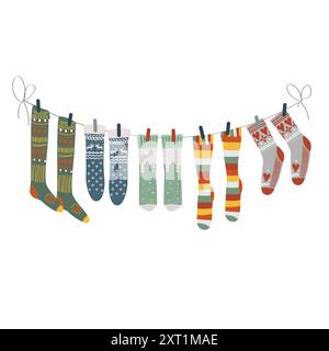 Calze natalizie calde e accoglienti fissate su una clothesline. Lavanderia invernale con corda o stivali regalo di Natale. Elemento decorativo isolato per la casa di Capodanno Illustrazione Vettoriale