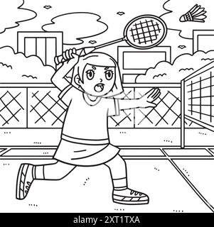 Il giocatore di badminton ha colpito Shuttlecock Coloring Page Illustrazione Vettoriale