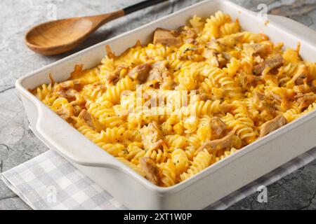 Pasta al tonno in scatola cotta al forno con salsa mornay da vicino in un piatto da forno sul tavolo. Orizzontale Foto Stock