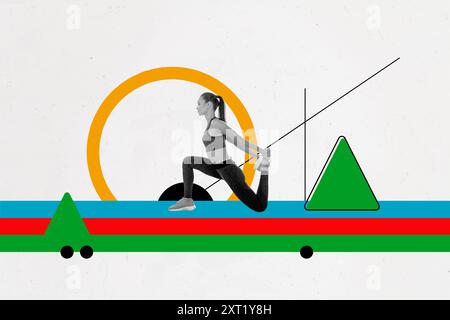 Schizzo collage di una donna atletica che prepara una cross sprint isolato su sfondo creativo dipinto Foto Stock