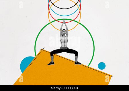 Collage immagine di una donna atletica che pratica ginnastica yoga isolato su sfondo creativo dipinto Foto Stock