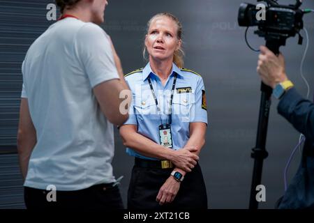 Oslo 20240813. Il procuratore del distretto di polizia di Oslo Henriette Taxt Rostadli informa dell'indagine in corso sul caso di violenza contro Marius Borg Hoiby a Oslo martedì. Marius Borg Hoiby, figlio della principessa ereditaria norvegese mette-Marit, e' stato accusato di danni fisici dopo un violento incidente a Frogner, a Oslo, lo scorso fine settimana. Foto: Haakon Mosvold Larsen / NTB Foto Stock