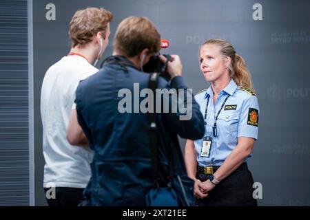 Oslo 20240813. Il procuratore del distretto di polizia di Oslo Henriette Taxt Rostadli informa dell'indagine in corso sul caso di violenza contro Marius Borg Hoiby a Oslo martedì. Marius Borg Hoiby, figlio della principessa ereditaria norvegese mette-Marit, e' stato accusato di danni fisici dopo un violento incidente a Frogner, a Oslo, lo scorso fine settimana. Foto: Haakon Mosvold Larsen / NTB Foto Stock