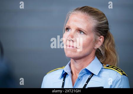 Oslo 20240813. Il procuratore del distretto di polizia di Oslo Henriette Taxt Rostadli informa dell'indagine in corso sul caso di violenza contro Marius Borg Hoiby a Oslo martedì. Marius Borg Hoiby, figlio della principessa ereditaria norvegese mette-Marit, e' stato accusato di danni fisici dopo un violento incidente a Frogner, a Oslo, lo scorso fine settimana. Foto: Haakon Mosvold Larsen / NTB Foto Stock