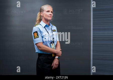 Oslo 20240813. Il procuratore del distretto di polizia di Oslo Henriette Taxt Rostadli informa dell'indagine in corso sul caso di violenza contro Marius Borg Hoiby a Oslo martedì. Marius Borg Hoiby, figlio della principessa ereditaria norvegese mette-Marit, e' stato accusato di danni fisici dopo un violento incidente a Frogner, a Oslo, lo scorso fine settimana. Foto: Haakon Mosvold Larsen / NTB Foto Stock