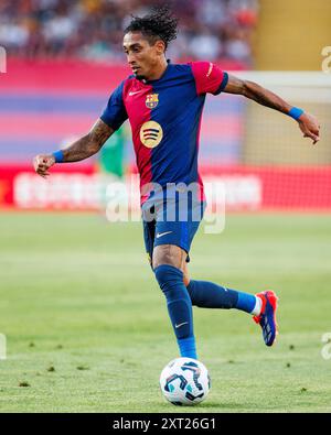 Barcellona, Spagna. 12 agosto 2024. Raphinha in azione durante il Joan Gamper Trophy match tra FC Barcelona e AS Monaco all'Estadi Olimpic Lluis Companys di Barcellona, Spagna. Crediti: Christian Bertrand/Alamy Live News Foto Stock