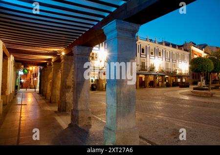 Plaza de España, Vista notte. Valdepeñas, Ciudad Real Provincia, Castilla La Mancha, in Spagna. Foto Stock