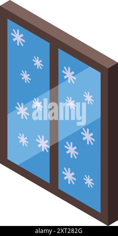 Icona isometrica di una finestra che mostra i fiocchi di neve che cadono durante una tempesta invernale Illustrazione Vettoriale