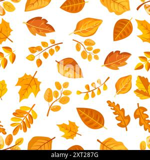 Motivo senza cuciture di foglie d'autunno dorate sparse su sfondo bianco. Stile grafico colorato. Concetto di stagione autunnale e bellezza della natura Illustrazione Vettoriale