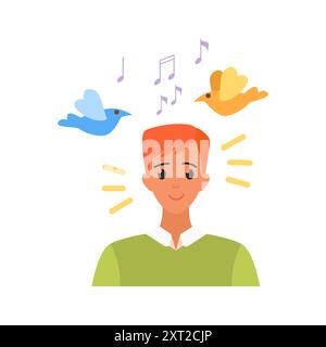 Un'illustrazione di una persona con pensieri positivi, simboleggiata da una lampadina e da un punto esclamativo. Illustrazione Vettoriale