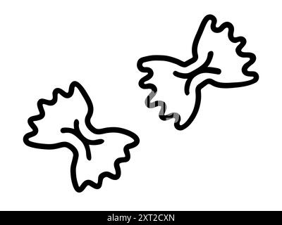 Semplice illustrazione vettoriale in bianco e nero di due forme di pasta Farfalle, disegnate con linee nere pulite su sfondo bianco. Illustrazione Vettoriale