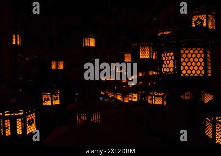 Una vista artistica delle lanterne giapponesi illuminate al buio nel santuario Kasuga Taisha, a Nara, in Giappone Foto Stock