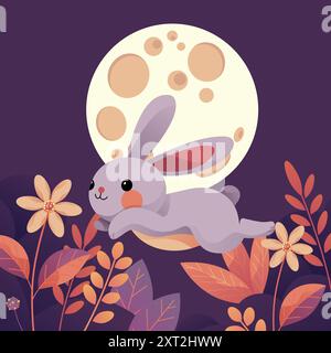 Un piccolo coniglio corre felicemente di fronte alla luna, un'illustrazione che celebra il Festival di metà autunno Illustrazione Vettoriale