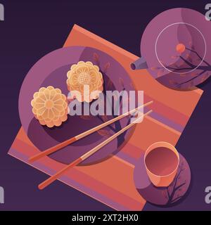 Teiera, tè e torte di luna, un'illustrazione che celebra il Festival di metà autunno, con un profondo sfondo viola Illustrazione Vettoriale