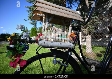 Bicicletta nera in stile retrò parcheggiata in una giornata di sole con una birdhouse e un bouquet colorato. Foto Stock