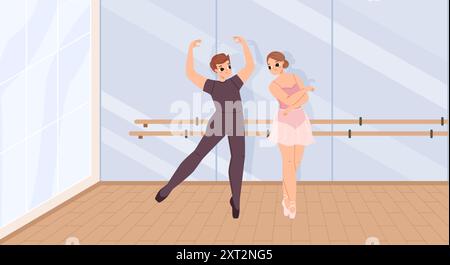 Un paio di ballerini che provano in sala da ballo. Ballerina ballerina con partner, allenamento giovane ballerina. Scena vettoriale della scuola d'arte dei cartoni animati Illustrazione Vettoriale