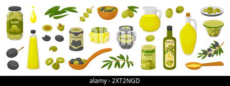 Cartoni animati olive piante e cibo. Rami di ulivo, bottiglie e brocche con olio vergine fresco. Olive in barattoli e lattine, set vettoriale neoterico agricolo Illustrazione Vettoriale