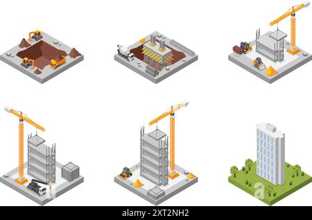Processo di costruzione isometrico. Costruzione di macchinari speciali costruzione di appartamenti moderni o grattacieli passo dopo passo. scene vettoriali 3d impeccabili Illustrazione Vettoriale