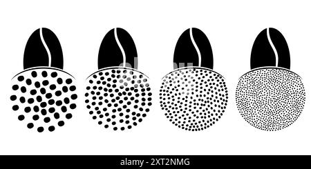 Pittogramma dei chicchi di caffè tostati con cartoni animati. Macinatura in chicchi di caffè, tabella delle dimensioni grani. Per tazza o tazza. Per il caffè. Avanzamento approssimativo, medio o fine Illustrazione Vettoriale