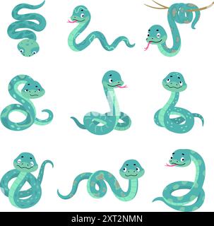 Serpente cartoni animati. Serpenti divertenti in pose diverse. Rettili isolati, simboli del nuovo anno cinese. Mascotte per bambini, adesivi e fermacavi vettoriali Illustrazione Vettoriale