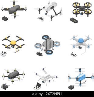 Quadricottero isometrico. Droni con joystick e telecomandi per foto video cctv dall'alto. Droni volanti, tecniche digitali moderne, impeccabili Illustrazione Vettoriale