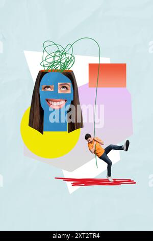 Immagine di collage composito di testa femminile pensieri aggrovigliati mentalmente impiccato giovane psicoterapeuta pazzo bizzarro fantasia insolita Foto Stock
