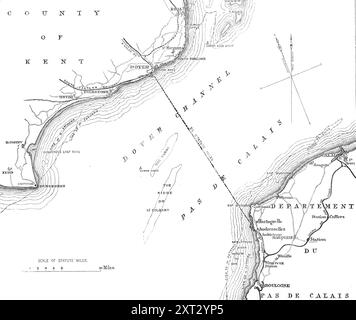 Percorso del proposto traghetto ferroviario della Manica, 1870. Mappa che mostra '...i porti proposti a dover e Andrecelles [sic]...un punto...a sud di Capo Grisnez e a nord di Ambleteuse, è stato selezionato...collegato con il porto sulla costa francese sarà una breve ferrovia...per arrivare alla ferrovia del Nord (della Francia), in modo da fornire comunicazioni continue con la Francia e la Germania...porti con un riparo adeguato e con una profondità d'acqua sufficiente per consentire l'ingresso e l'uscita in qualsiasi momento (indipendentemente dalle condizioni meteorologiche e dalla marea), è relativamente facile progettare navi di tali dimensioni e f Foto Stock