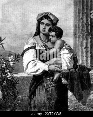 "Italian Mother and Child", di W. Sauchon, 1871. Incisione di un dipinto '...di Herr Sauchon, un pittore prussiano (non rappresentato [nella Mostra Internazionale] a Kensington), allievo della grande scuola D&#xfc;sseldorf, che, come molti dei suoi fratelli, ha viaggiato in Italia. Non c'è bisogno di dire che in questo souvenir del Sud Italia egli ha reso con sentimento e gusto, oltre alla perfetta fedeltà, il tipo locale non meno del costume femminile napoletano estremamente pittoresco. L'immagine è incisa dalla raffinata serie di fotografie di dipinti del Berli di E. Milster Foto Stock