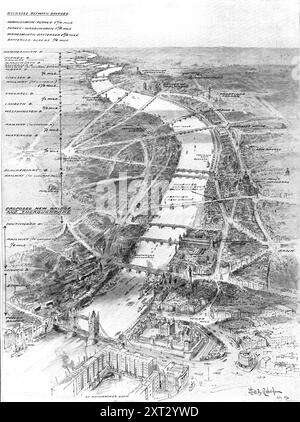 I ponti di Londra sono troppo distanti?, 1909. "Le strade attraverso le quali i londinesi attraversano il Tamigi; e la posizione del nuovo ponte proposto. Come abbiamo notato altrove in questo numero, si suggerisce di costruire un nuovo ponte sul Tamigi tra Southwark e Blackfriars Bridges, al costo di alcuni &#xa3;1.648.983. La struttura avrebbe avuto "un approccio che iniziava all'incrocio tra Southwark Street e Southwark Bridge Road, ascendendo in direzione nord-ovest, il ponte che attraversa il fiume in tre campate, e la strada che poi veniva continuata da un viadotto sopra Upper Thames Street Foto Stock