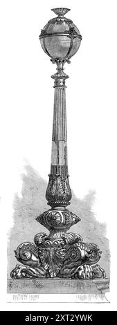 Lamp on the Thames Embankment [a Londra], 1870. Uno dei due progetti, che è stato '...prodotto dai signori Turner e Allen, di Upper Thames-Street, ed è già stato messo in metallo; è stato modellato dal signor S. Burnett, carver, di Leonard-Street, Finsbury'. Da "Illustrated London News", 1870. Foto Stock