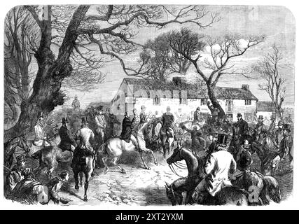 Il Principe di Galles all'incontro dei Burton Hounds, Green Man, Lincoln Heath, 1870. Il futuro re Edoardo VII va a caccia di volpi. "L'incontro fu in quella famosa taverna sul ciglio della strada, The Green Man..[che] fu, durante il secolo scorso, un luogo di riunione notevole per la nobiltà della contea. Erano soliti tenere le loro riunioni festive mensili in una spaziosa sala club, costruita nel 1740 dal signor Thomas Chaplin, di Blankney, e adornata con i busti dei membri principali del club... il Principe di Galles, purtroppo, non ha avuto una giornata molto piacevole per la sua escursione in questo posto. C'era un brutto drizzling rai Foto Stock