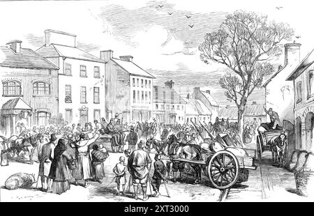 Bozzetti dall'Irlanda: Rory of the Hills prelevato dalla caserma della polizia di Edgeworthstown a Longford Gaol, 1870. La polizia... è riuscita ad arrestare la persona contro la quale i loro sospetti erano puntati fin dal primo momento in cui hanno sentito della relazione, proprio come stava per entrare in casa sua, vicino alla quale erano rimasti in attesa per diverse ore. Fu immediatamente trasportato a Edgeworthstown, e, essendo stato pienamente identificato, fu portato davanti ai magistrati, che lo condannarono alla prigione di Longford. Il prigioniero, che ha circa ventotto anni, è residente negli Stati Uniti. Foto Stock