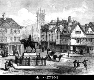 Queen-Square, Wolverhampton, con statua del compianto Principe consorte, 1871. Scultura equestre di Thomas Thornycroft, svelata dalla regina Vittoria. Il mercato, dove si trova, si chiama Queen-Square. Anche se Wolverhampton è un luogo affumicato, sporco e poco invitante da guardare, come le altre città di ferramenta del South Staffordshire, ha buone strade, larghe e ben pavimentate, con splendidi edifici pubblici, e la comunità locale mostra grande spirito e intelligenza." Da "Illustrated London News", 1871. Foto Stock