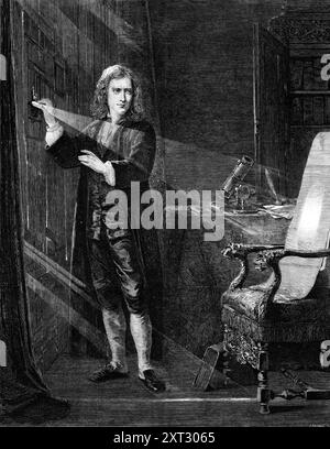 Newton Investigating Light, di J. A. Houston, R.S.A., 1870. "I dati per le conclusioni di Sir Isaac Newton che rispettano la natura composita della luce sono stati fondati su un semplice esperimento con un prisma, un esperimento che un bambino avrebbe potuto fare; e non è più probabile che conduca a una grande scoperta, a meno che non sia ragionata da un filosofo, che la caduta di una mela possa suggerire la grande legge della gravitazione che sostiene e regola l'universo. Il modus operandi dell'esperimento è mostrato nel quadro ben ponderato e ben ed efficacemente dipinto dal signor Houston, che W Foto Stock