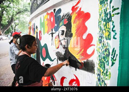 Reazioni alle dimissioni di Sheikh Hasina Wajed a Dhaka, Bangladesh, Uno studente dipinge un nuovo graffito su un muro di strada nel campus dell'Università di Dhaka a Dhaka, Bangladesh, 13 agosto 2024. In un discorso alla nazione, il 5 agosto 2024 il capo di stato maggiore dell'esercito generale Waker-Uz-Zaman ha annunciato le dimissioni del primo ministro Sheikh Hasina dopo settimane di disordini. Il premio Nobel Muhammad Yunus ha prestato giuramento come capo del governo ad interim del Bangladesh l'8 agosto 2024 dopo che lo sceicco Hasina si è dimesso e ha lasciato il paese in mezzo a violente proteste sul sistema di quote di lavoro del governo. Dhaka Distretto di Dhaka Bangladesh Co Foto Stock