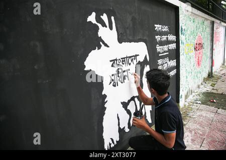 Reazioni alle dimissioni di Sheikh Hasina Wajed a Dhaka, Bangladesh, Uno studente dipinge un nuovo graffito su un muro di strada nel campus dell'Università di Dhaka a Dhaka, Bangladesh, 13 agosto 2024. In un discorso alla nazione, il 5 agosto 2024 il capo di stato maggiore dell'esercito generale Waker-Uz-Zaman ha annunciato le dimissioni del primo ministro Sheikh Hasina dopo settimane di disordini. Il premio Nobel Muhammad Yunus ha prestato giuramento come capo del governo ad interim del Bangladesh l'8 agosto 2024 dopo che lo sceicco Hasina si è dimesso e ha lasciato il paese in mezzo a violente proteste sul sistema di quote di lavoro del governo. Dhaka Distretto di Dhaka Bangladesh Co Foto Stock