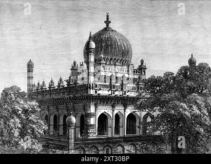 Tomba di re Ibrahim a Beejapoor, India, 1871. Incisione della '...Tomba e Moschea di Ibrahim, con la sua maestosa cupola...siamo in debito con il Rev. Arthur Polehampton, cappellano del servizio Indiano di sua Maestà, per diverse fotografie dei bei vecchi edifici...la città in rovina di Beejapoor [Bijapur], a Sattara, vicino alla frontiera della provincia di Hyderabad Nizam, contiene alcuni dei più grandi resti architettonici dell'India. Questo stato Mussulmano, un tempo potente e opulento, fu fondato quasi quattro secoli fa; ma la sua più grande prosperità fu sotto Ali Adil Shah, che morì nel 1579. Il suo successore, Foto Stock