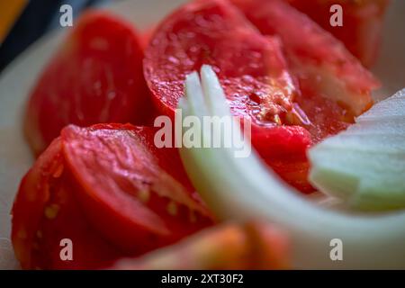 Una foto macro che cattura gli strati freschi e vivaci di cipolla affettata e pomodoro succoso in un'insalata semplice ma appetitosa. Foto Stock