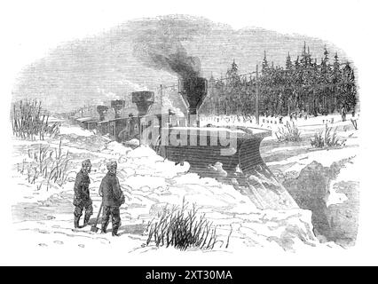 Snow-Plough sulla Grand Trunk Railway of Canada, 1870. "Non c'è nulla nei fenomeni ordinari delle stagioni che sia così propenso a interrompere il traffico delle ferrovie come l'accumulo di neve... la Grand Trunk Railway del Canada, con la sua magnifica estensione di 900 miglia, comprendente le diramazioni, attraverso un paese che non manca mai di mostrare gli effetti dell'inverno in piena forza, ha ovviamente dovuto lottare con questo nemico alla locomozione. I suoi ingegneri hanno inventato a tal fine un aratro da neve molto potente, la cui forma e uso sono mostrati nelle illustrazioni che abbiamo inciso, Foto Stock