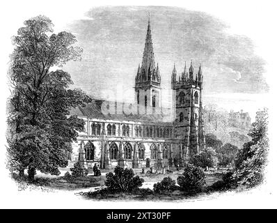Royal Archaeological Institute: Cattedrale di Llandaff, 1871. Il villaggio o l'antica città di Llandaff si trova a circa due miglia a nord-ovest di Cardiff. La cattedrale, fino a poco tempo fa, era molto sfigurata da un pericoloso tentativo di ripararla fatto circa 120 anni fa. Ora è stata trasformata da una rovina lutto in un bellissimo santuario. La struttura presenta molte curiose caratteristiche architettoniche e il restauro è stato effettuato con una devozione amorevole e paziente degna di lode più alte. Il fronte occidentale è particolarmente elegante, anche se ora manca del fascino che la mano modellatrice di ti Foto Stock