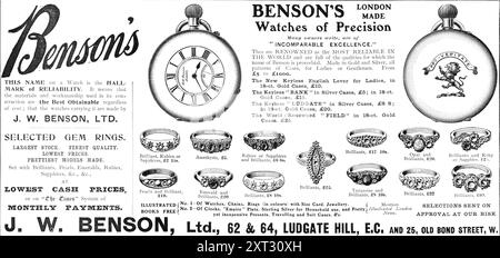 La LONDRA DI Benson HA FATTO orologi di precisione... 1909. '...molti proprietari scrivono, sono di "ECCELLENZA INCOMPARABILE". Sono RINOMATE come le PIÙ AFFIDABILI AL MONDO e sono piene delle qualità per le quali il nome di Benson è proverbiale. Realizzato in oro e argento, tutti i modelli di astucci, per signore e signori. Da £5 a £1000. La nuova leva Keyless English per signore, in 18-ct. Custodie in oro, £10. La "BANCA" Keyless in Silver Case, £5; in 18-ct. Custodie in oro, £15. Il Keyless "LUDGATE " in Silver Case, £8; in 18-ct. Custodie in oro, £20. Foto Stock