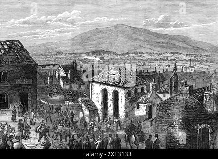 Effetti dell'esplosione della polvere da sparo a Bryn-Mawr, 1870. L'esplosione di polvere da sparo nel magazzino del signor Watkins, drogherie, a Brynmawr, Galles del Sud, la sera di venerdì, ha provocato la perdita di diverse vite. Il ragazzo, Evan Evans, che era andato con una candela accesa a prendere un po' di polvere per un cliente nel negozio, è stato fatto a pezzi; e una o due persone per strada sono state colpite da pietre cadenti o travi della casa, e uccise subito, o così ferite da causare la loro morte. C'erano quattro o cinque botti di polvere, ciascuna contenente circa 100 libbre; e l'entità del danno a b Foto Stock