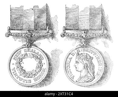 New Zealand War Medal for the British Troops, 1870. "La medaglia per la presentazione agli ufficiali e ai soldati dei reggimenti impegnati nella guerra Maori, in nuova Zelanda, sei o otto anni fa, viene ora colpita alla Royal Mint; e noi diamo un'illustrazione del suo design molto semplice, che è privo di originalità o significato speciale come quello della medaglia abissina. La testa di sua Maestà la Regina Vittoria, che indossa un diadema reale, e un velo che copre la parte posteriore della testa e del collo, con orecchini, una piccola collana di perle e un ciondolo o un ritratto in miniatura si sospendono Foto Stock